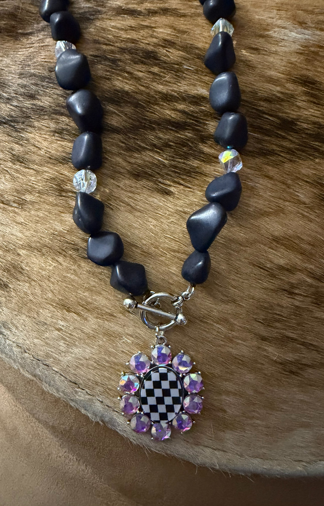 Black Checkered Rhinestone Pendant Necklace