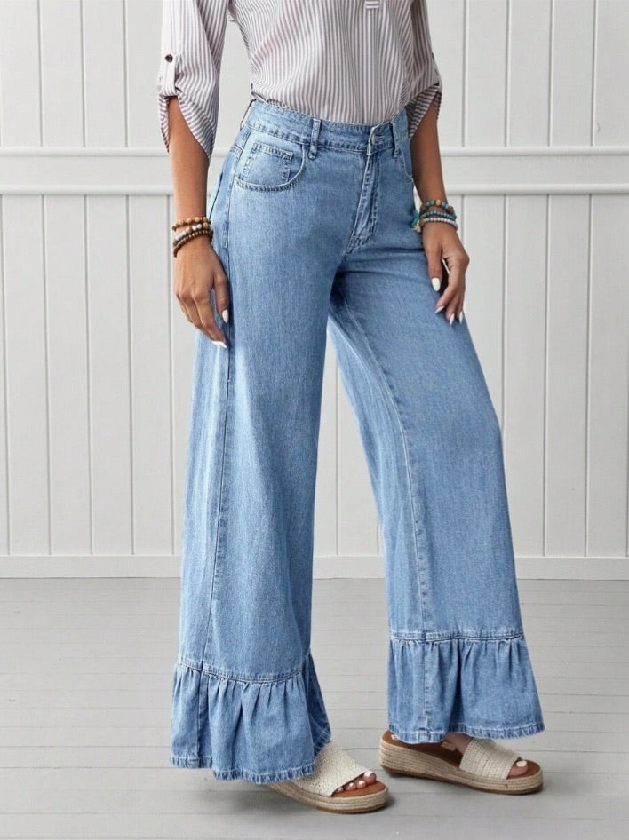 Denim Ruffle Hem Wide Leg Jeans