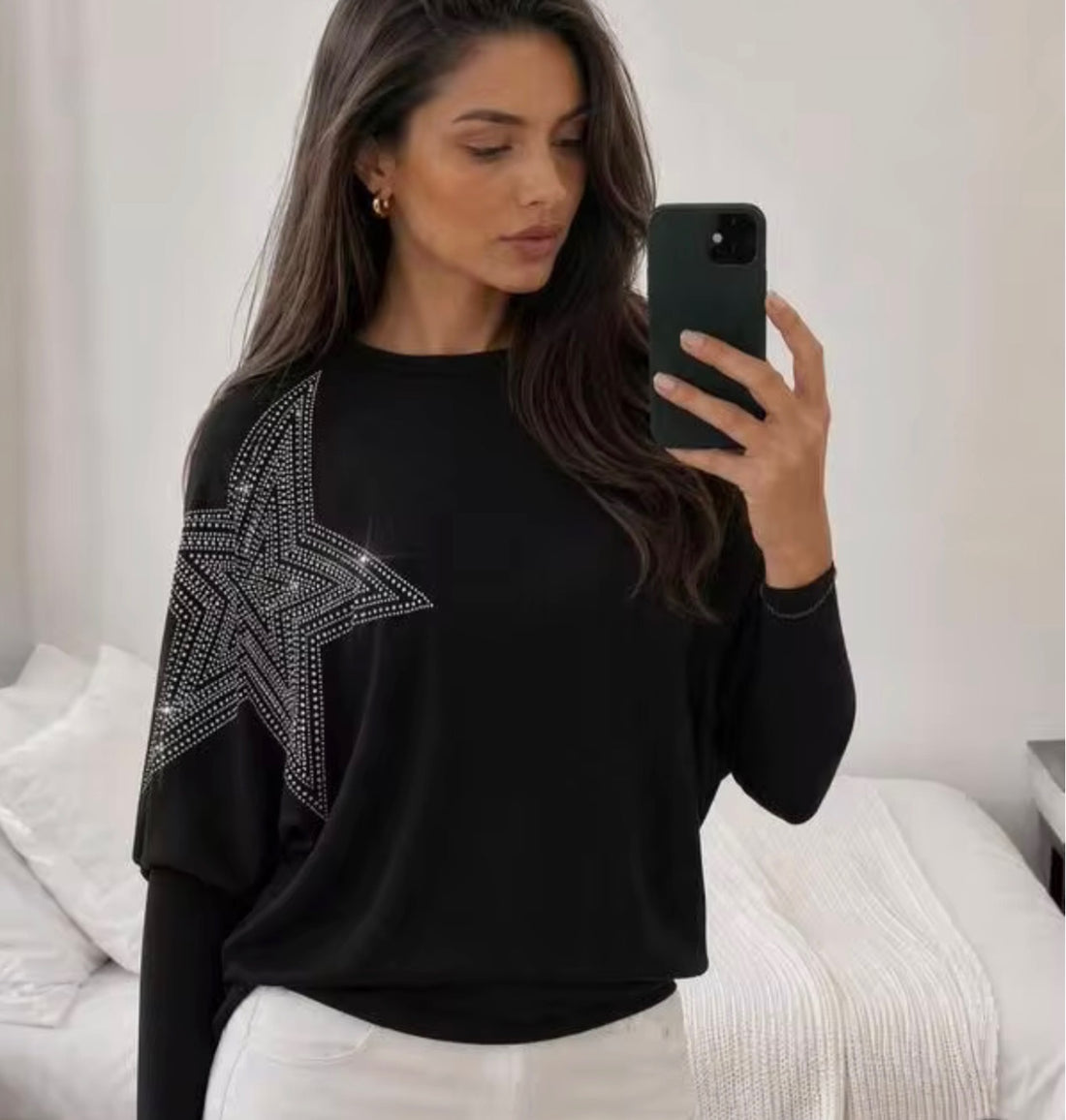 Solid Color Rhinestone Star Batwing Top