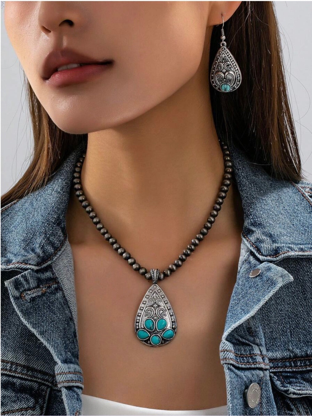 2pc. Metal and Turquoise Pendant on Navajo Beads with Matching Dangle Earrings