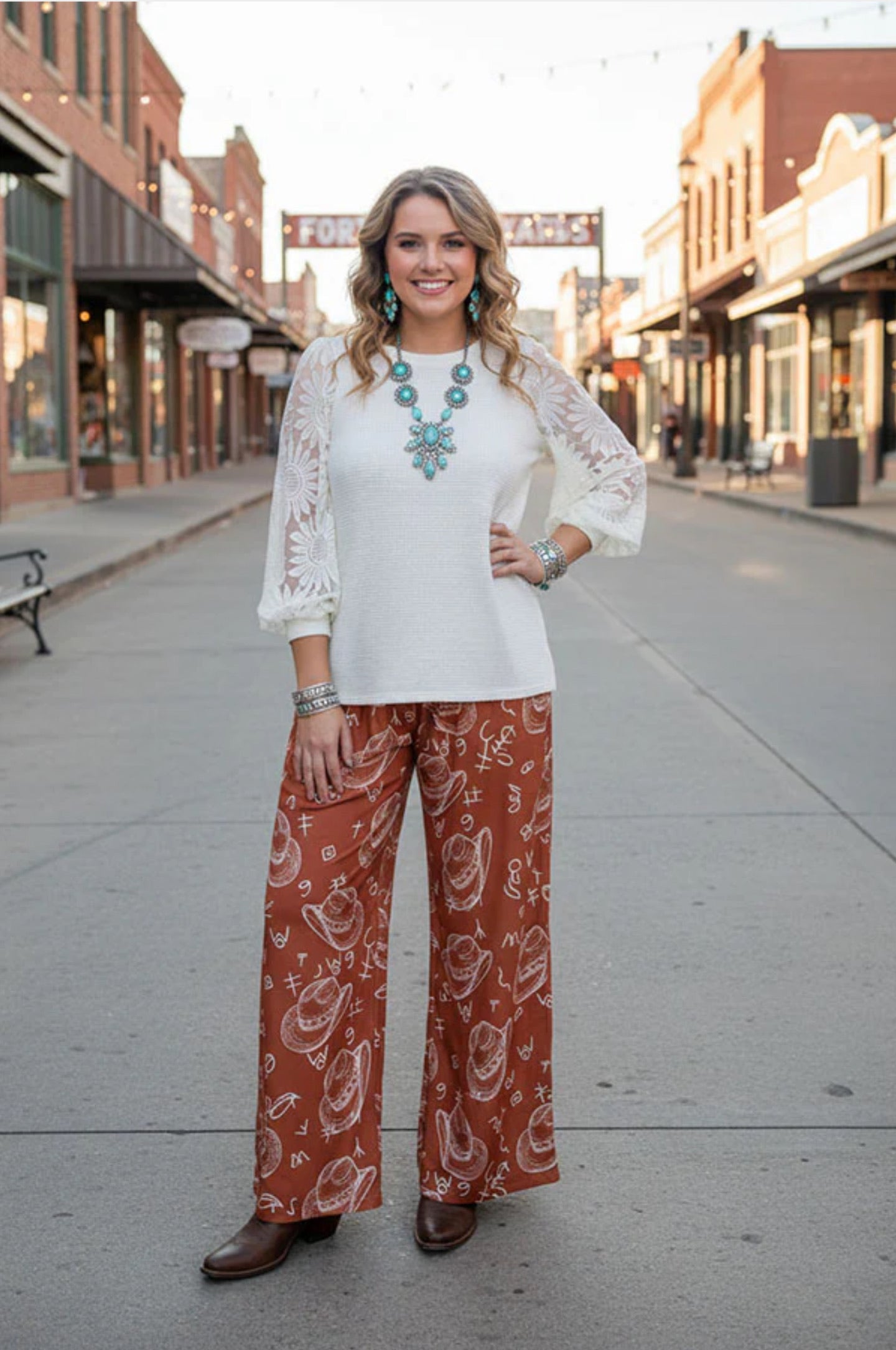Western Pattern Wide Leg Pants