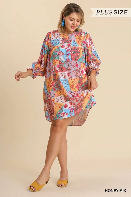 Mixed Print Crochet Trim Ruffled Sleeve Dress with Back Keyhole and No Lining