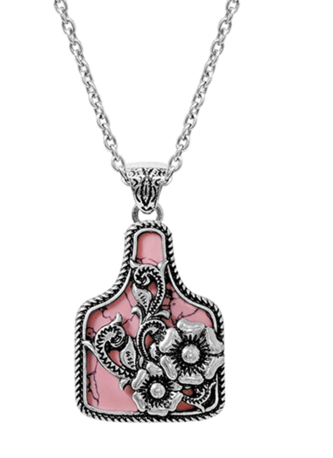 Burnished Silver Pink Turquoise Flower Blossom Pendant Necklace