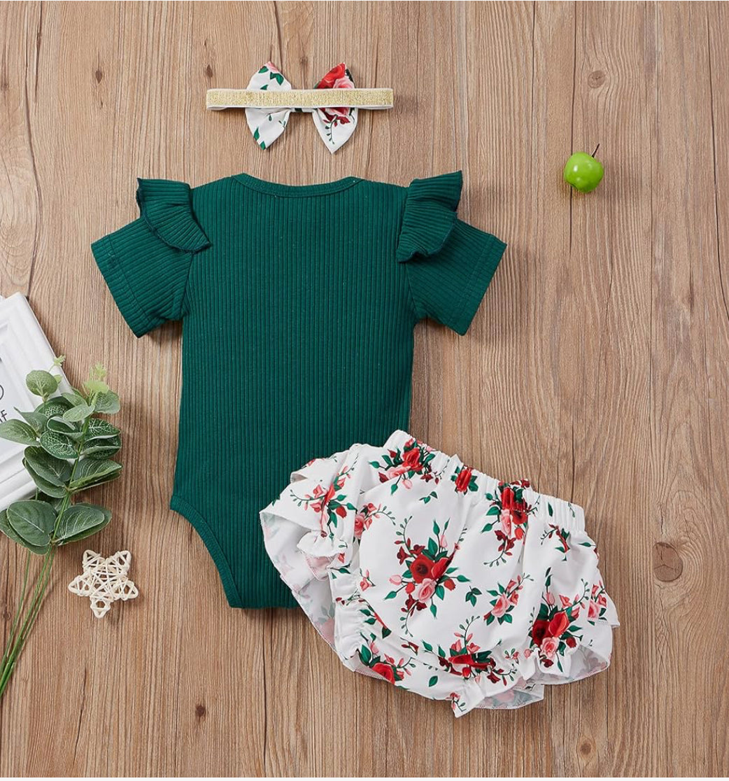 Baby’s Green Ruffle Trim Sleeve Onesie “I Got It From My Mama” with Ruffled Floral Print Bottoms & matching Headband