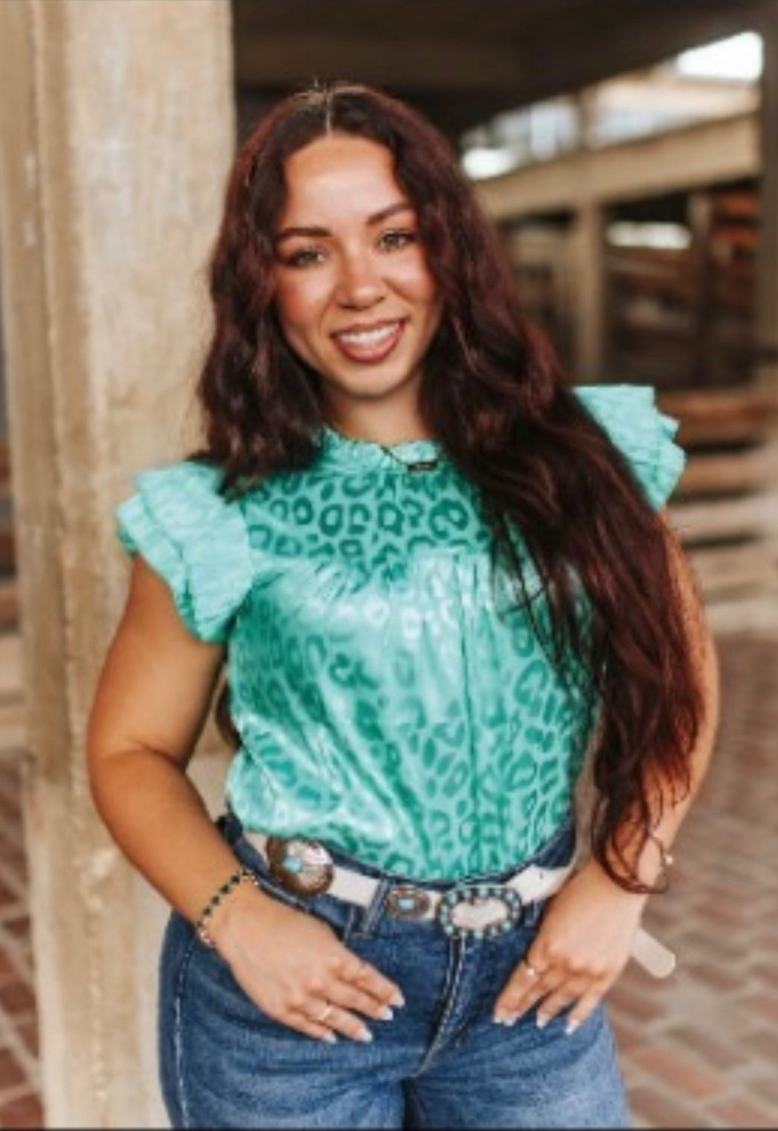 Turquoise Leopard Satin Pleated Ruffle Sleeve Top