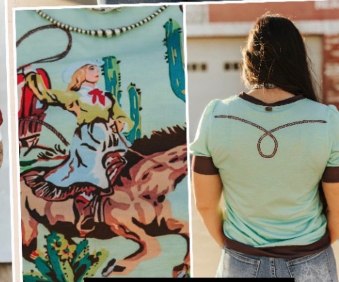 Mint Western Print Puff Sleeve Rib Hem Top