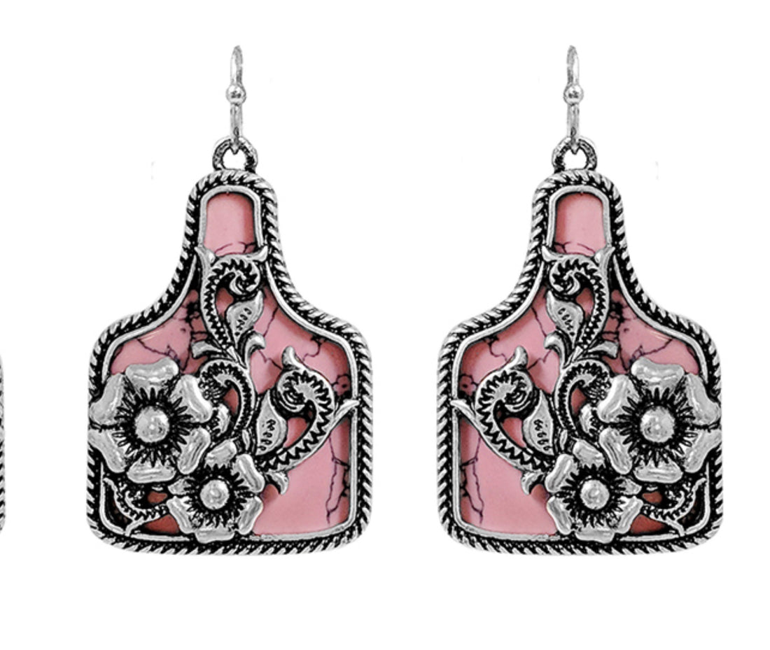 Burnished Silver Pink Turquoise Flower Blossom Dangle Earrings