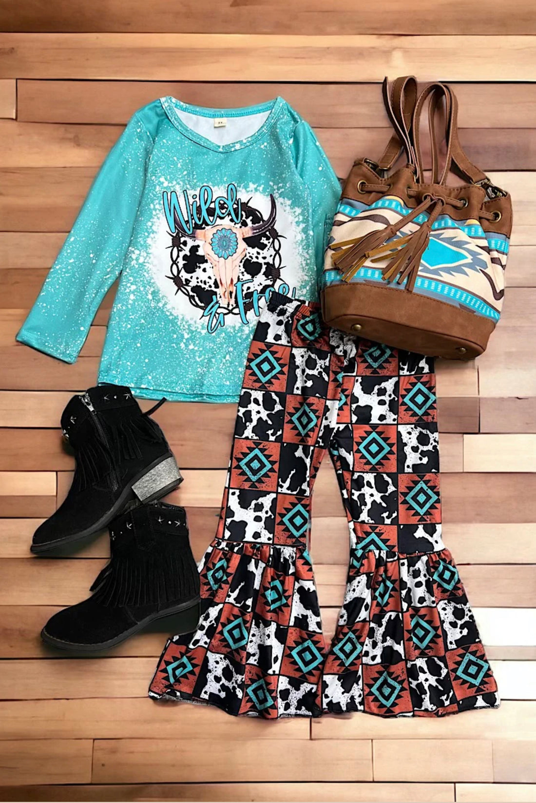 "Wild & Free" Bull skull printed long sleeve top & multi printed bottom pants set