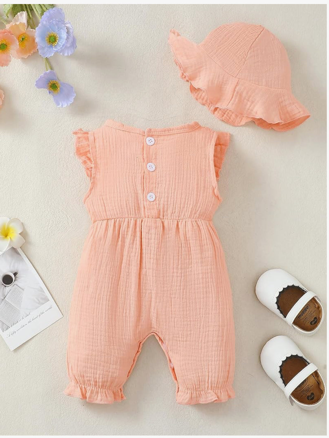 Baby Girls Soft Pink Bow Romper with matching Hat