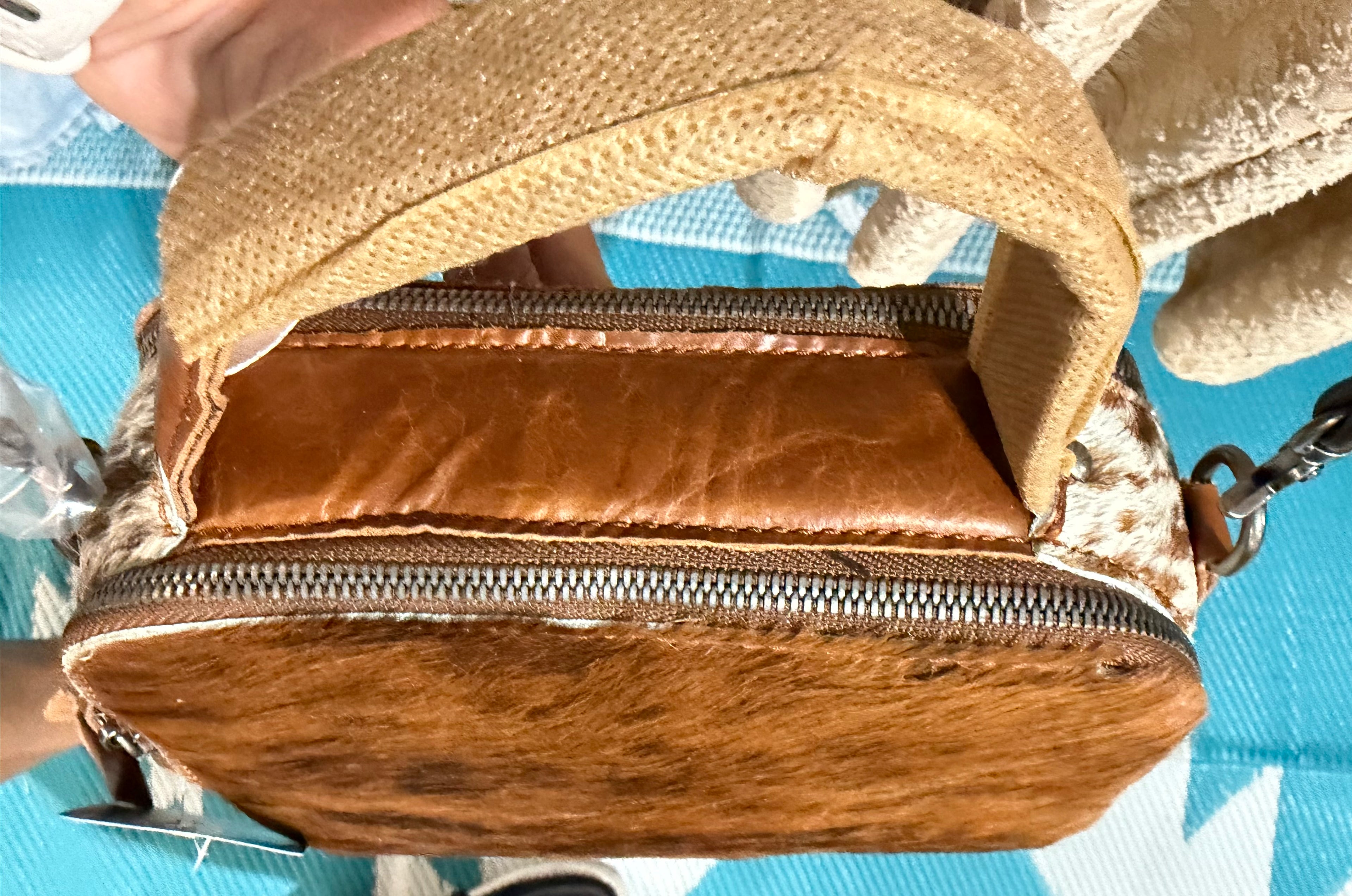 Genuine Leather and Cowhide Double Zipper with Crossbody Strap and Handle
