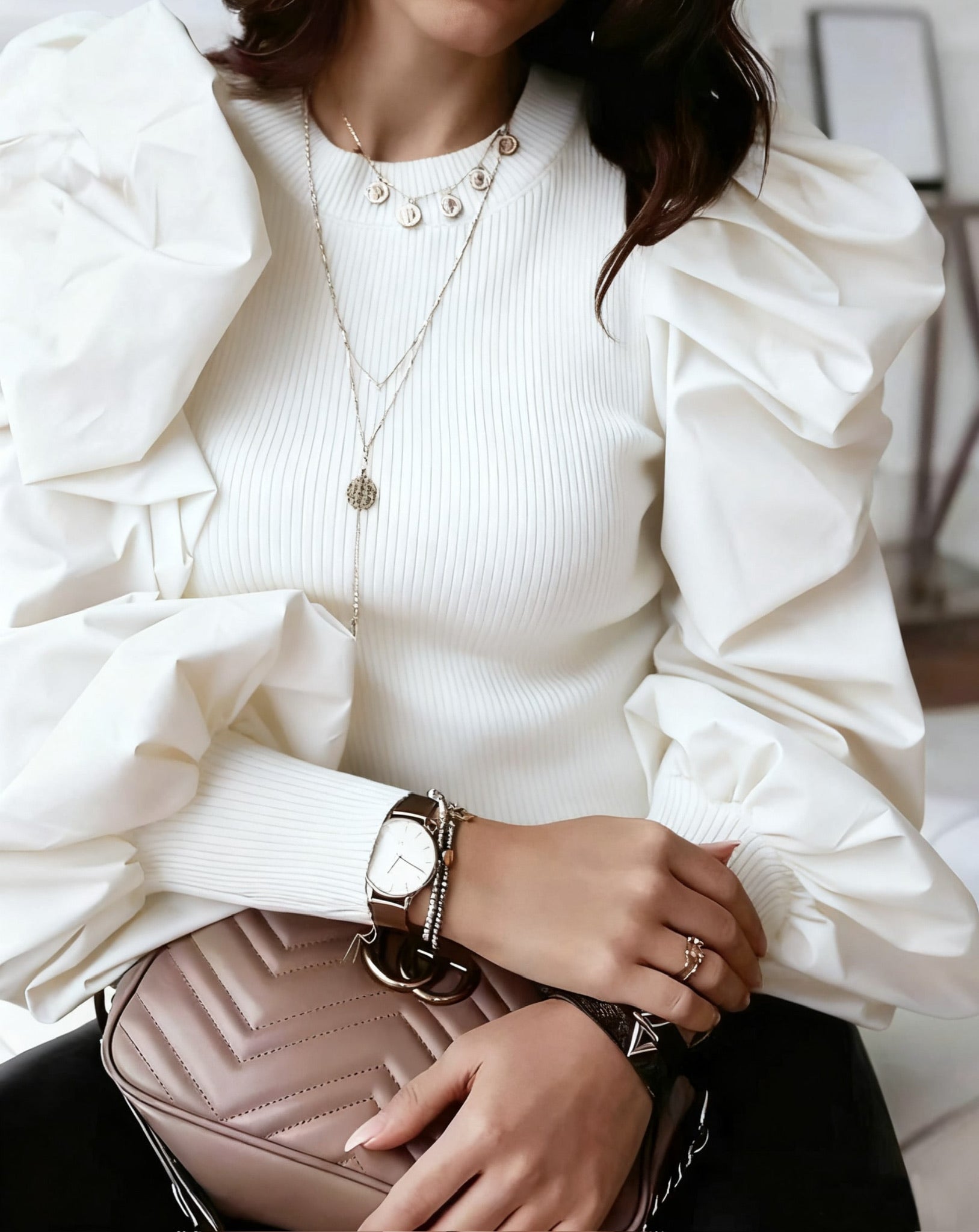 White Round Neck Puff Sleeve Fashion Top