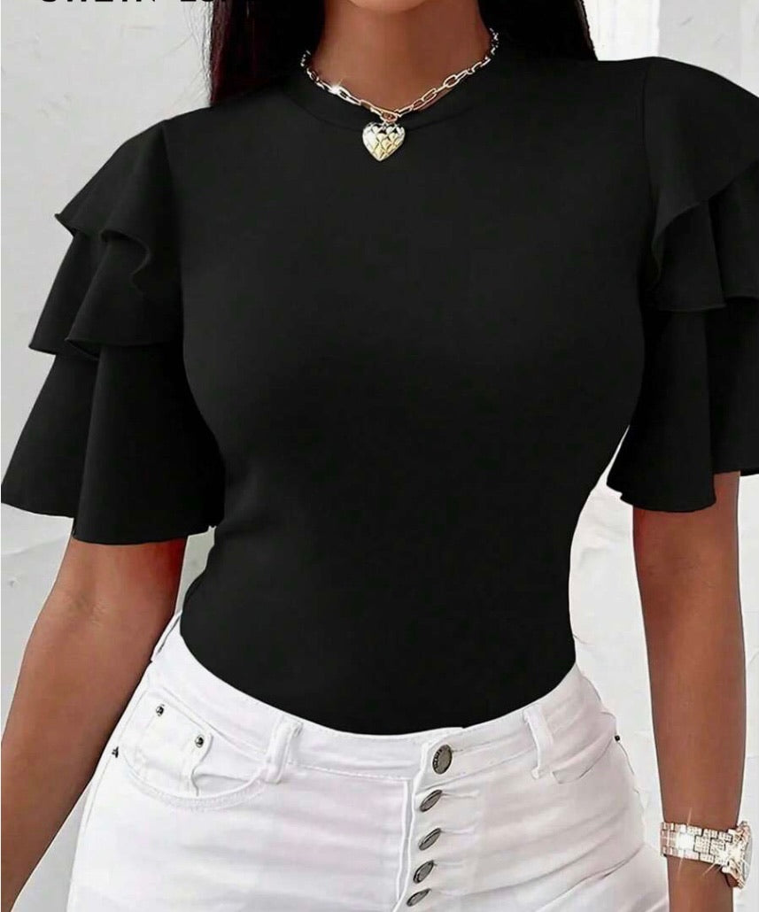 Solid Color Ruffle Sleeve Fitted Top