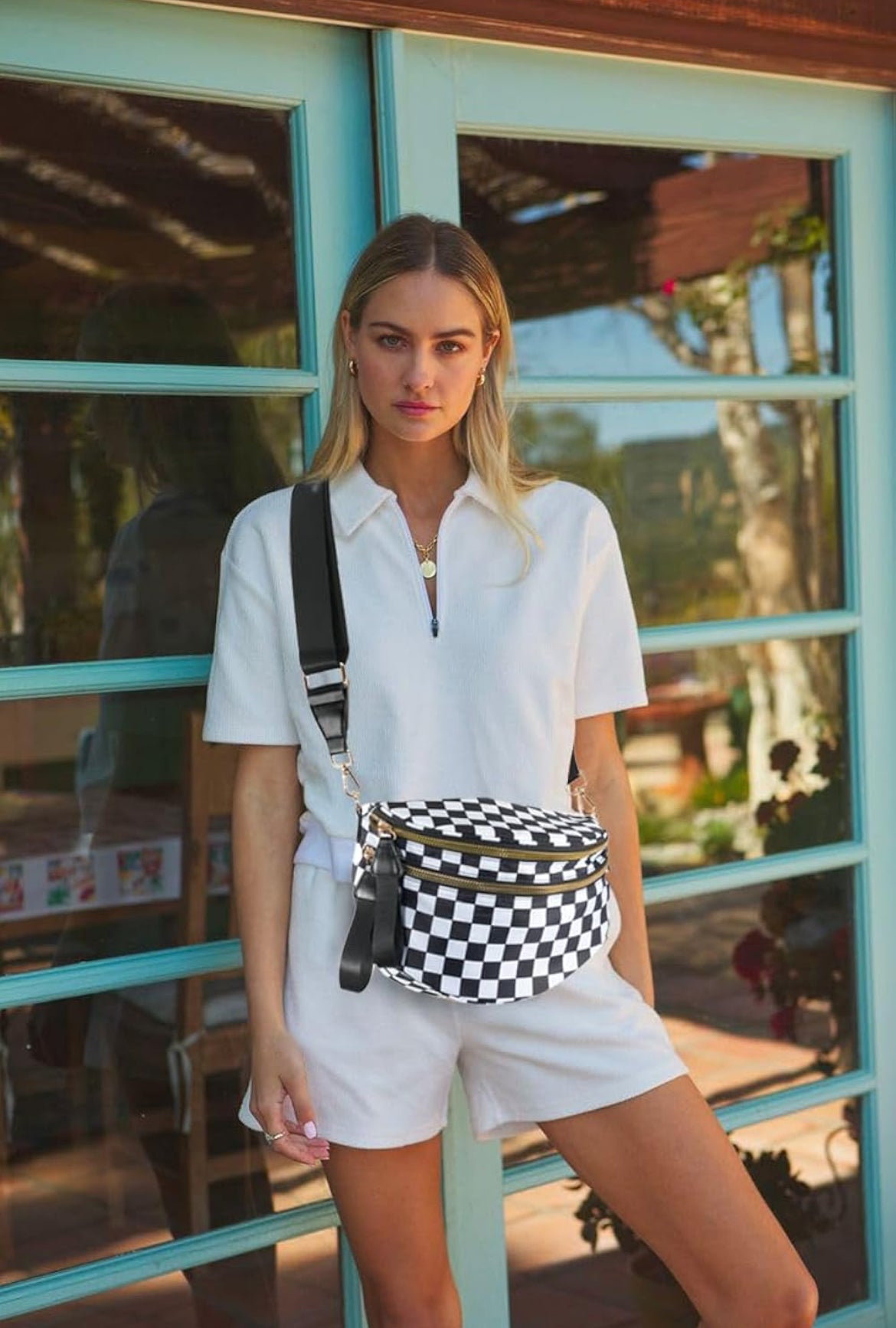 Spacious Checkered Nylon Crossbody Bag Bum Bag