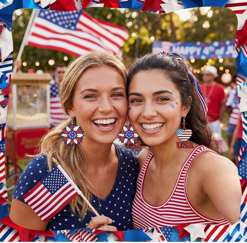Glitter 4th of July Patriotic Wooden Earrings