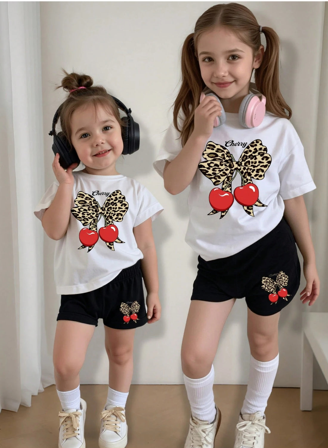 Girls Cherry Leopard Bow Print Tee and Short Set