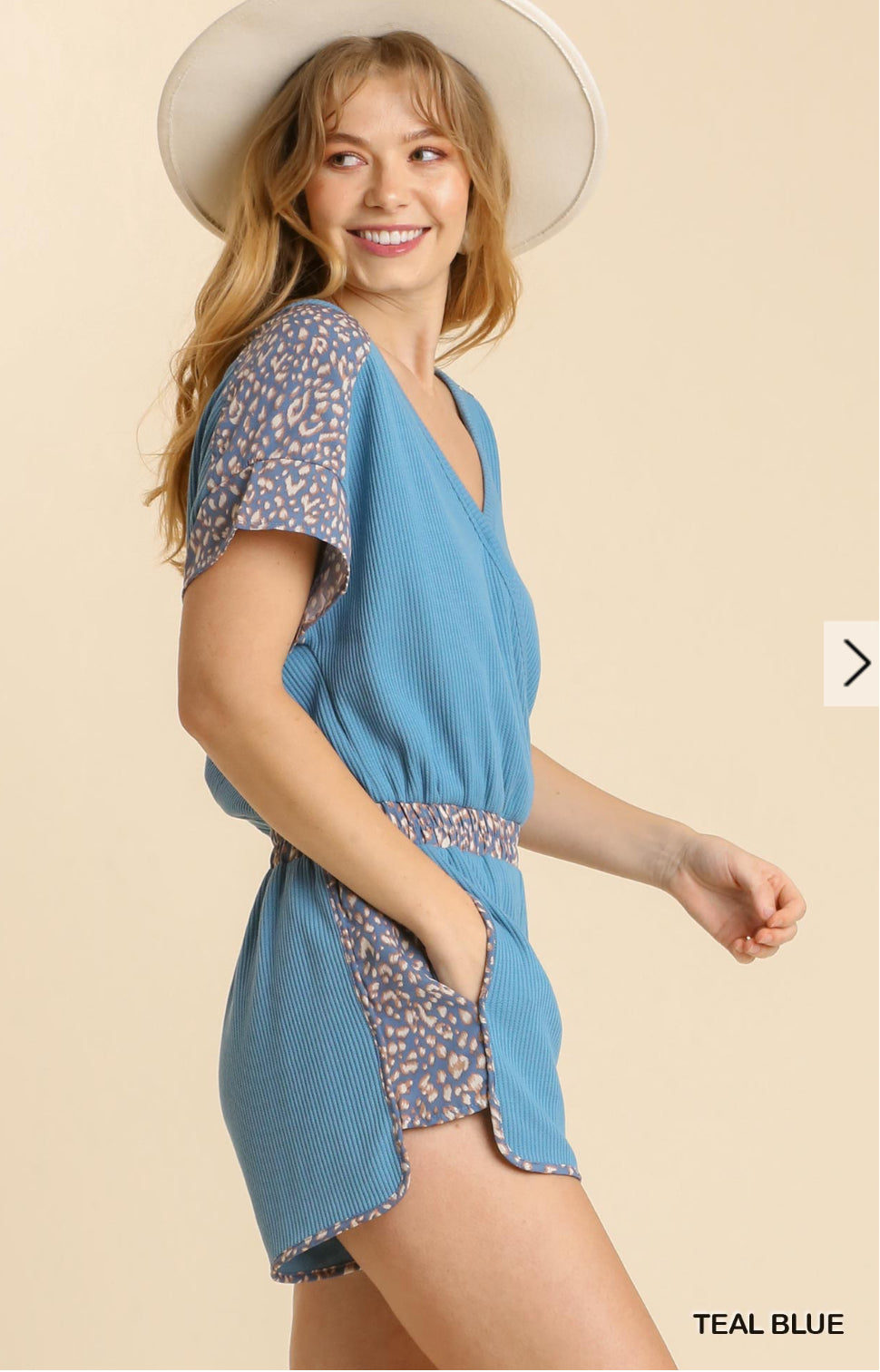 Umgee Animal Print Faux Wrap Elastic Waistband Waffle knit Romper with Pockets and No Lining