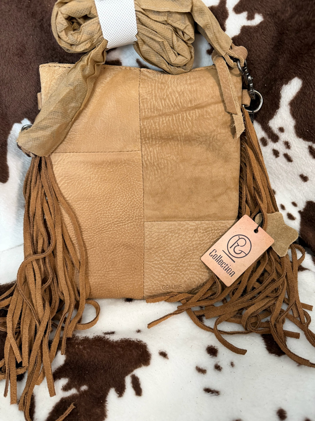 Genuine Leather Cowhide Crossbody Fringe Purse with Aztec Style