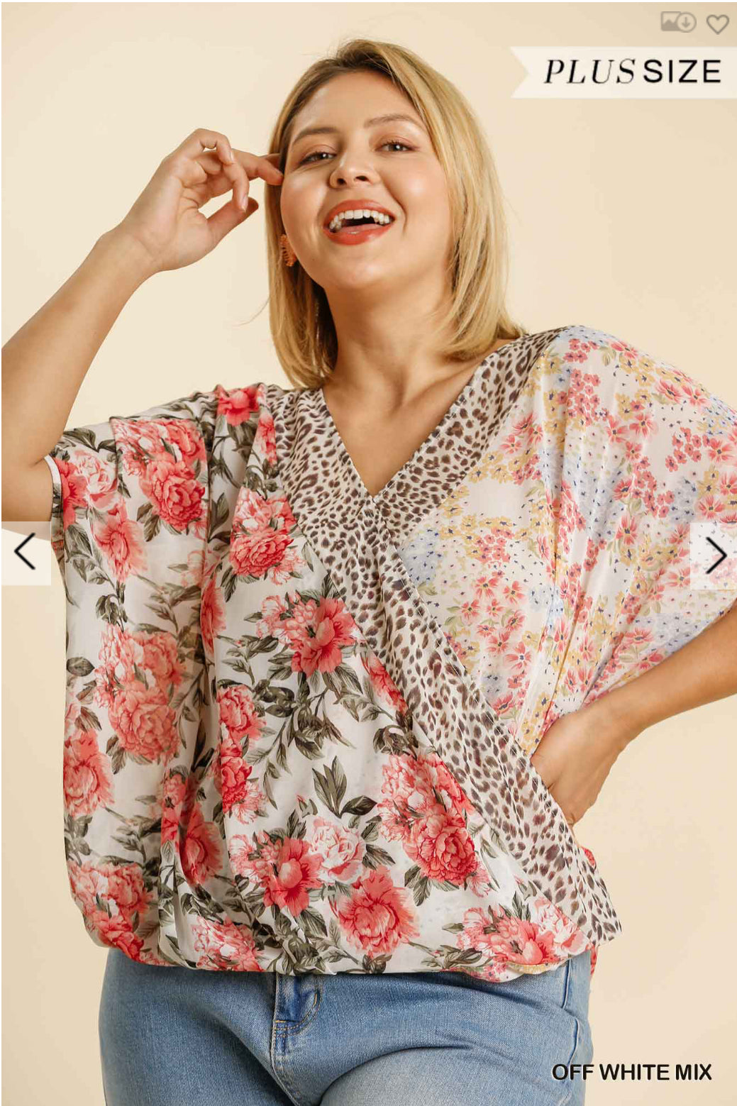 Women’s Umgee Sheer Mixed Print Plus Size Short Sleeve Overlap Top with High Low Hem