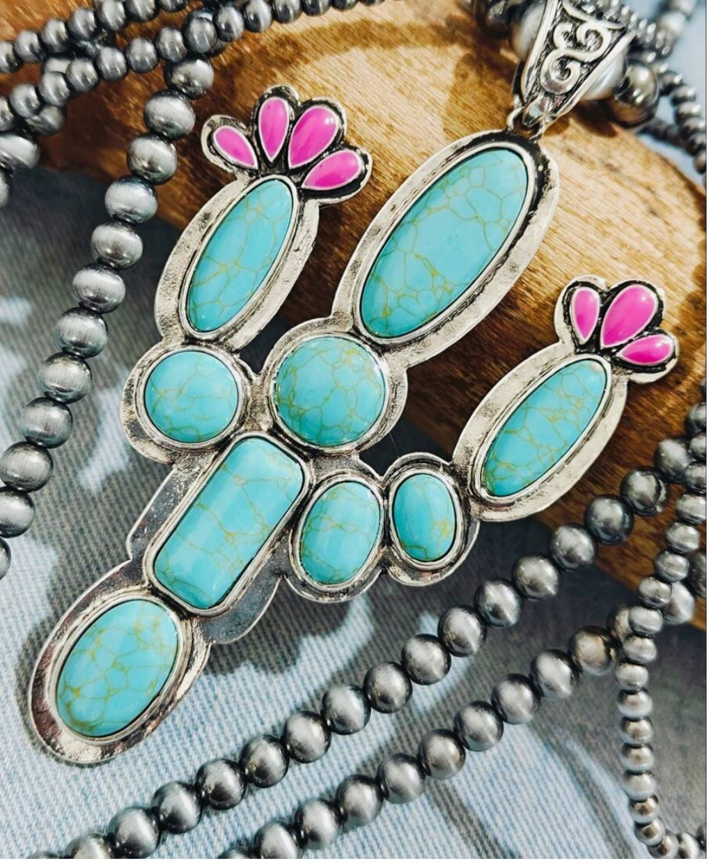Oversized Cactus Pendant on a Navajo Bead Necklace