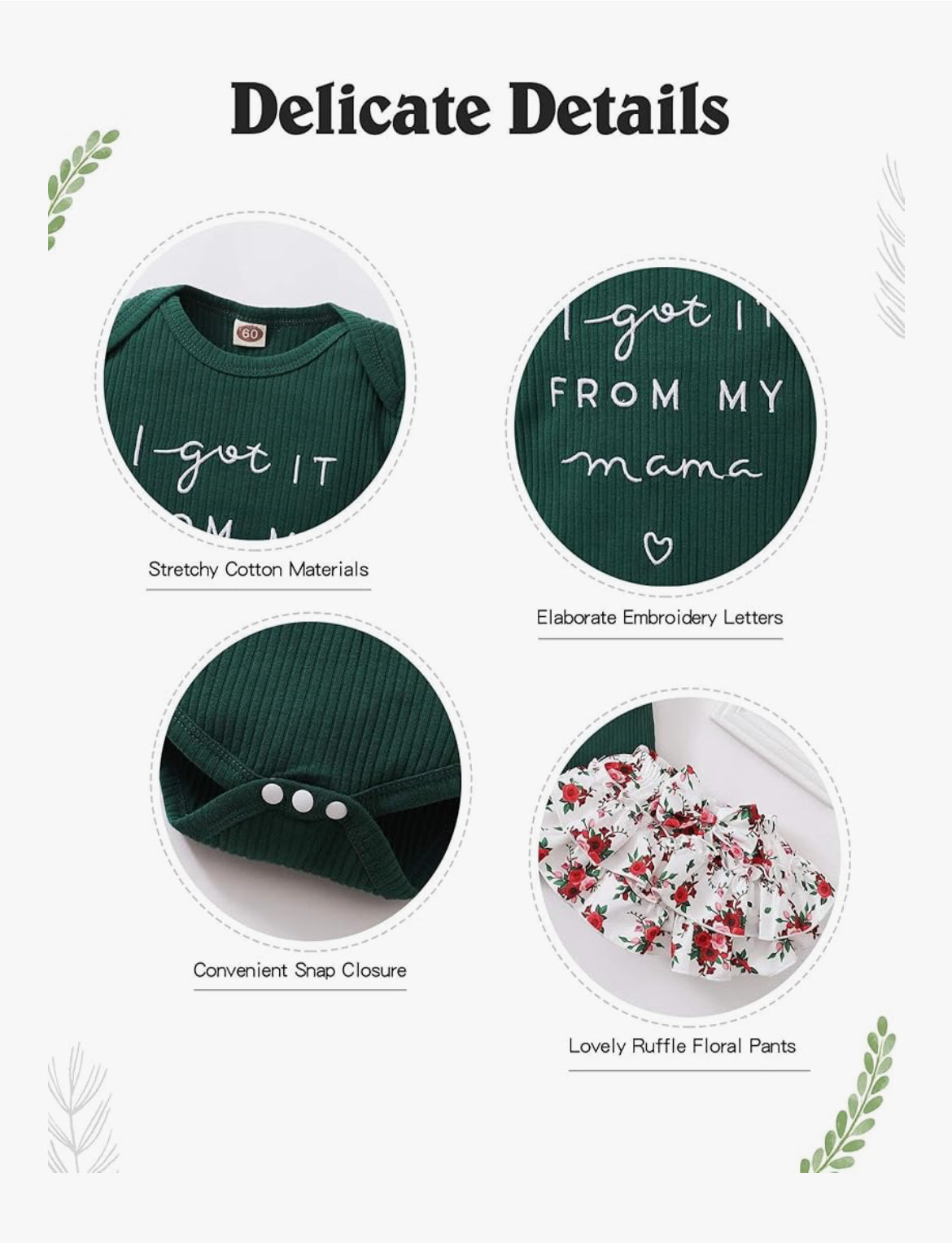 Baby’s Green Ruffle Trim Sleeve Onesie “I Got It From My Mama” with Ruffled Floral Print Bottoms & matching Headband