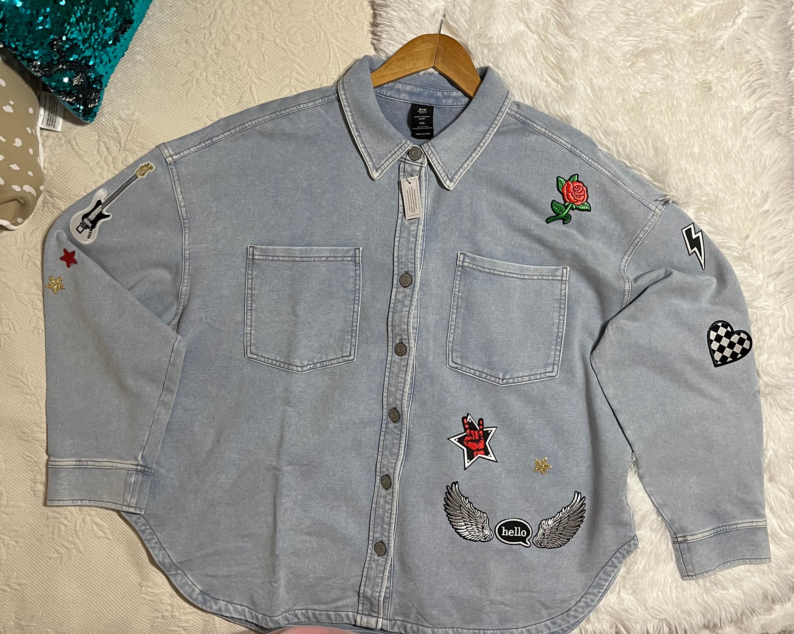 Knit Denim Long Sleeve with Chenille Patches
