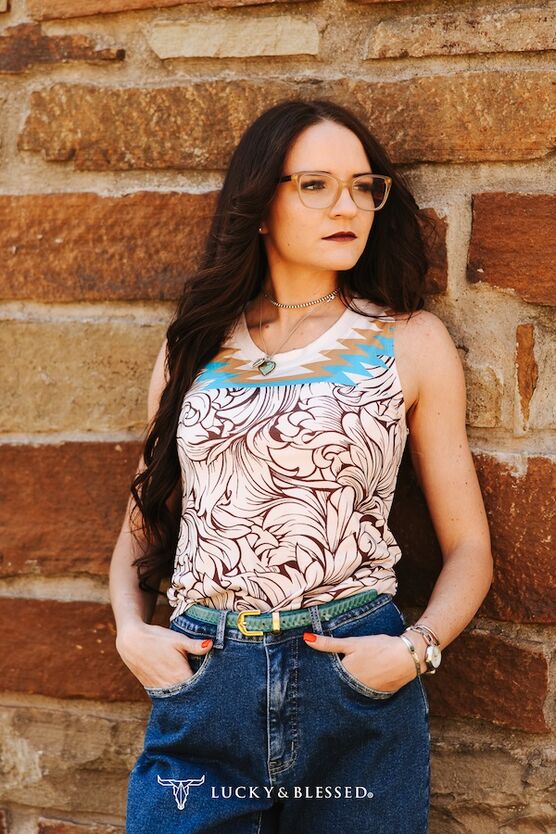 Beige Tooled Aztec Printed Sleeveless Tank Top