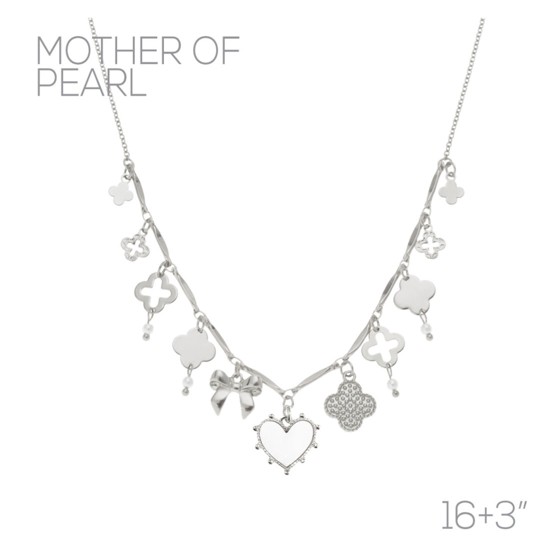 Mother of Pearl Silver Heart Bow and Clover Charm Necklace