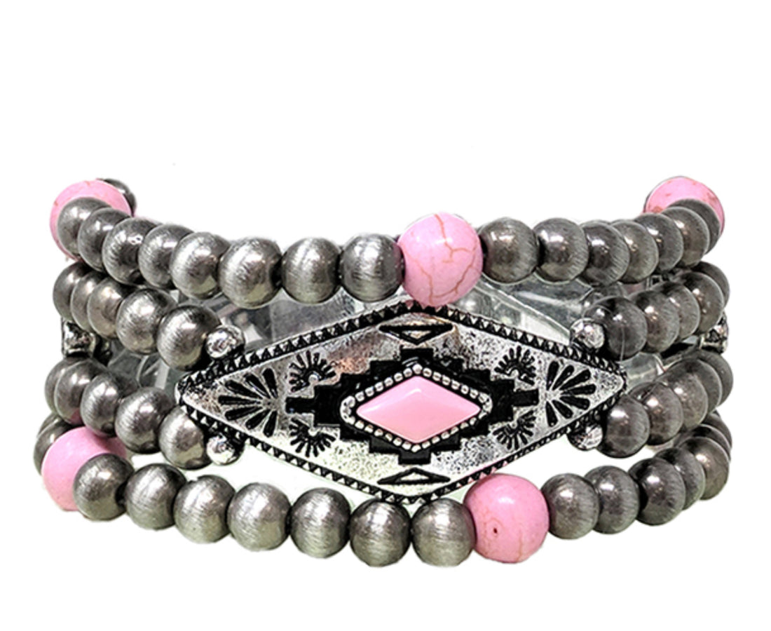 Pink Tribal Stretch Bracelet with Navajo Beads