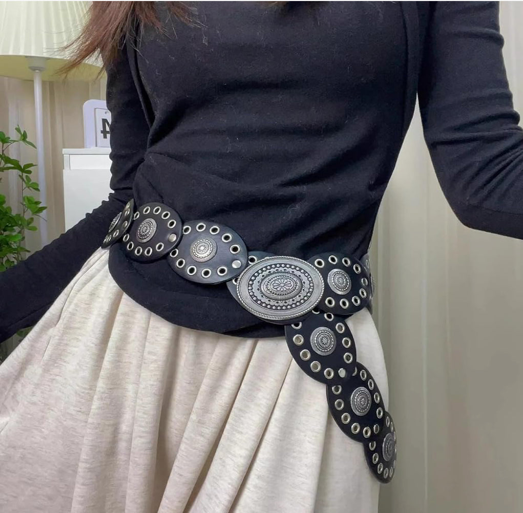 Vintage Western Leather Boho Concho Rivet Belt