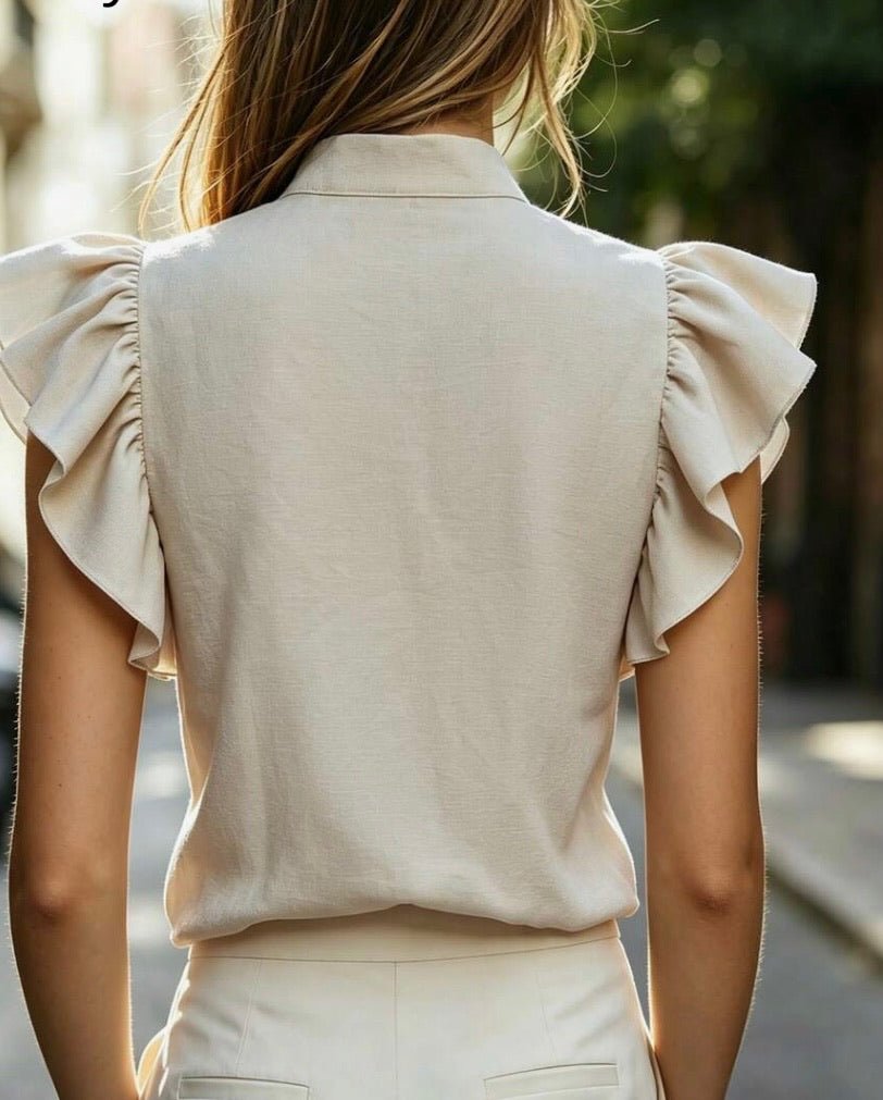 Womens Linen V-Neck Ruffle Sleeve Blouse