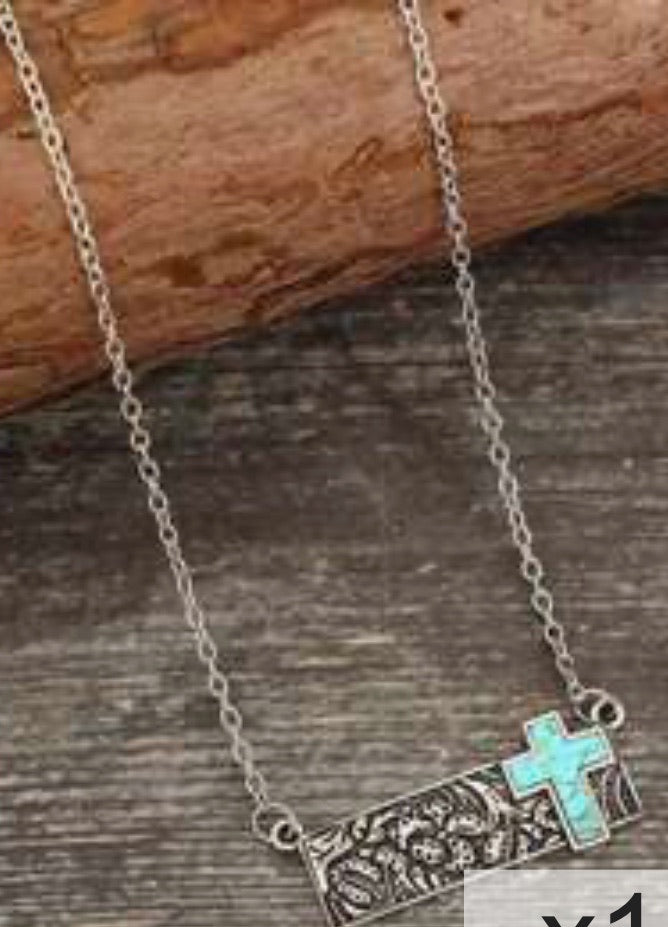 Vintage Western Style Rectangle with Turquoise Cross Necklace