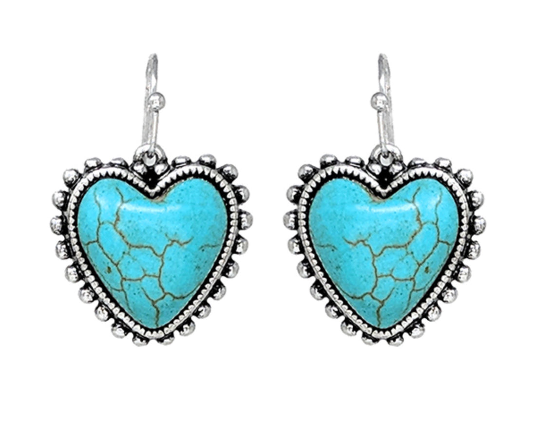 Burnished Silver Turquoise Heart Dangle Earrings