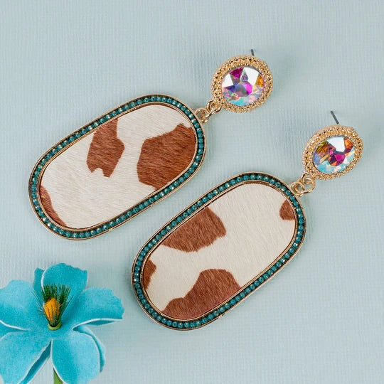Gold Rhinestone Cowhide Dangle Earrings
