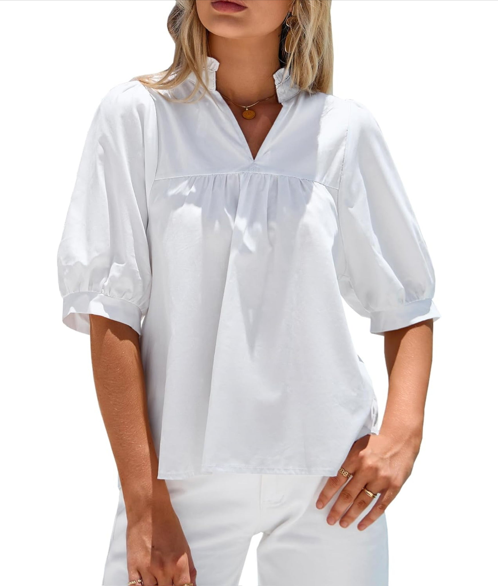 White Puff Sleeve V Neck Babydoll Top