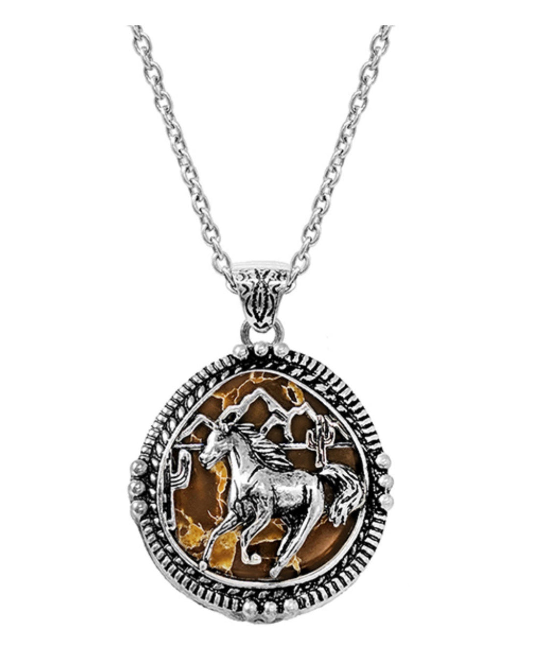 Burnished Silver Desert Horse Pendant Necklace