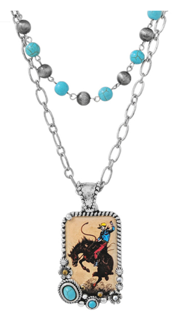 Turquoise Navajo Bead Layered Necklace with Bucking Bronc Pendant