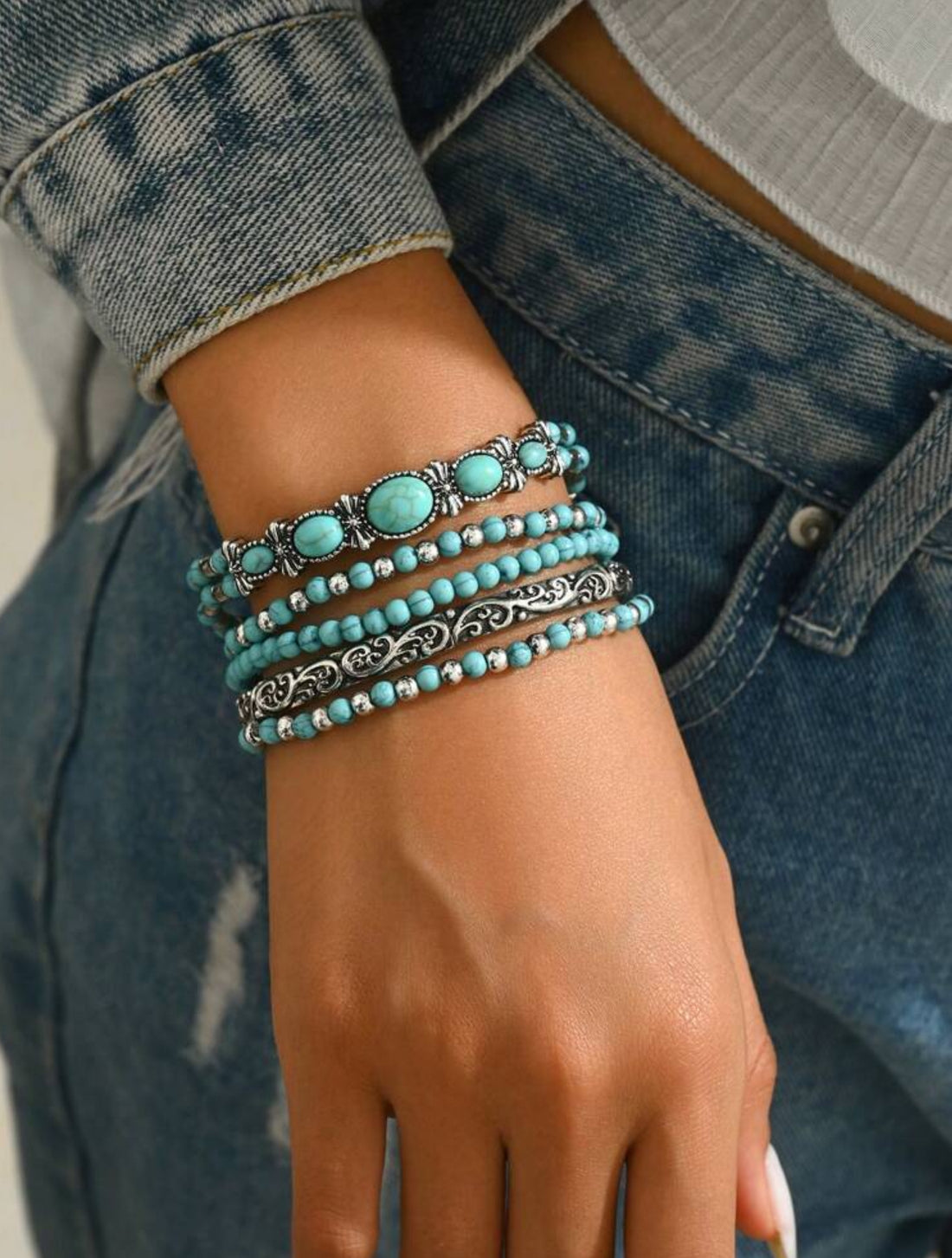 5pc. Cowboy Style Faux Turquoise Fashion Bracelet Set
