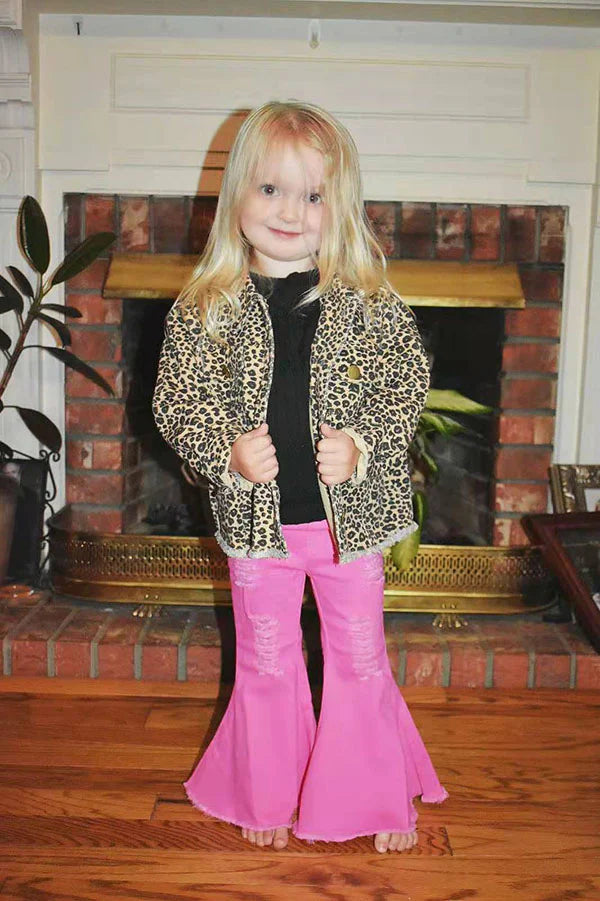 Kids Leopard Printed Long Sleeve Denim Jacket w/Pocket