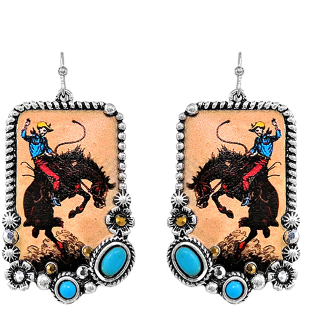 Burnished Silver Bucking Bronc Dangle Earrings