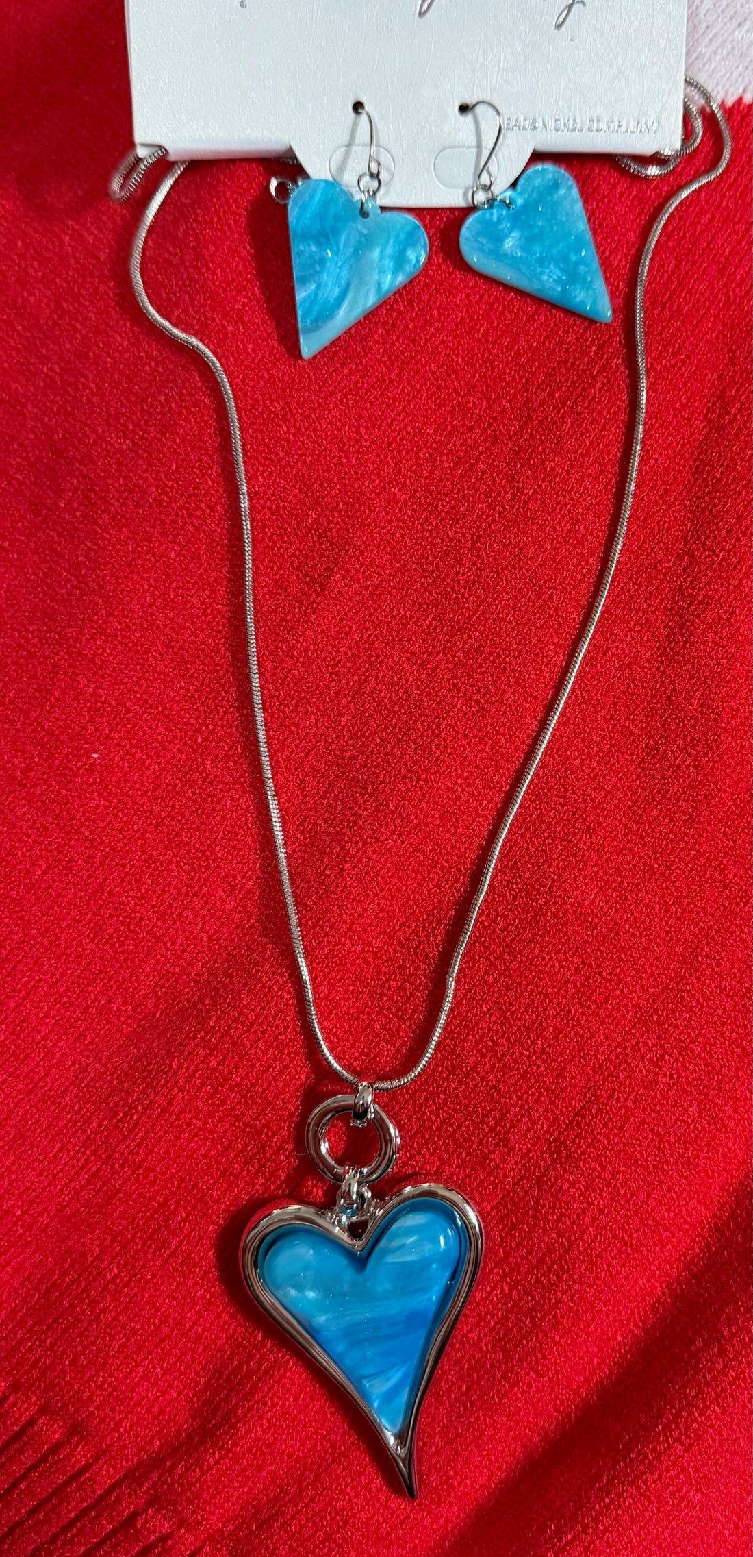 Long Blue & Silver Heart Pendant Necklace with Matching Earrings