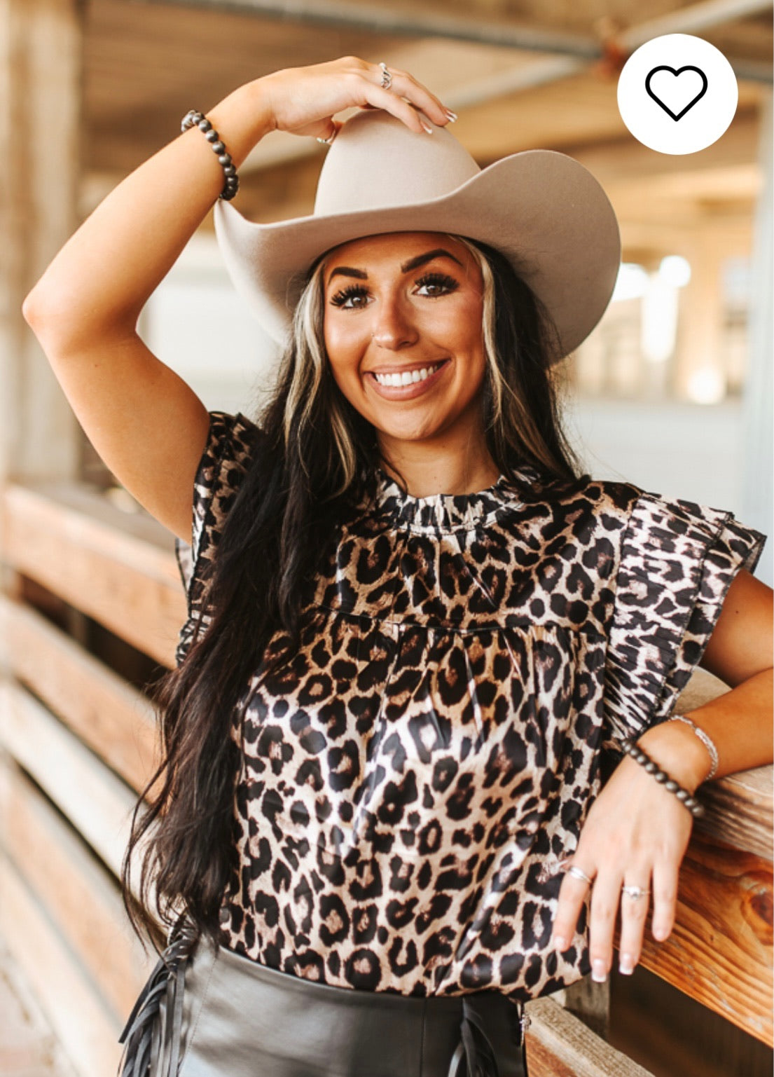 Light Leopard Satin Pleated Ruffle Sleeve Top