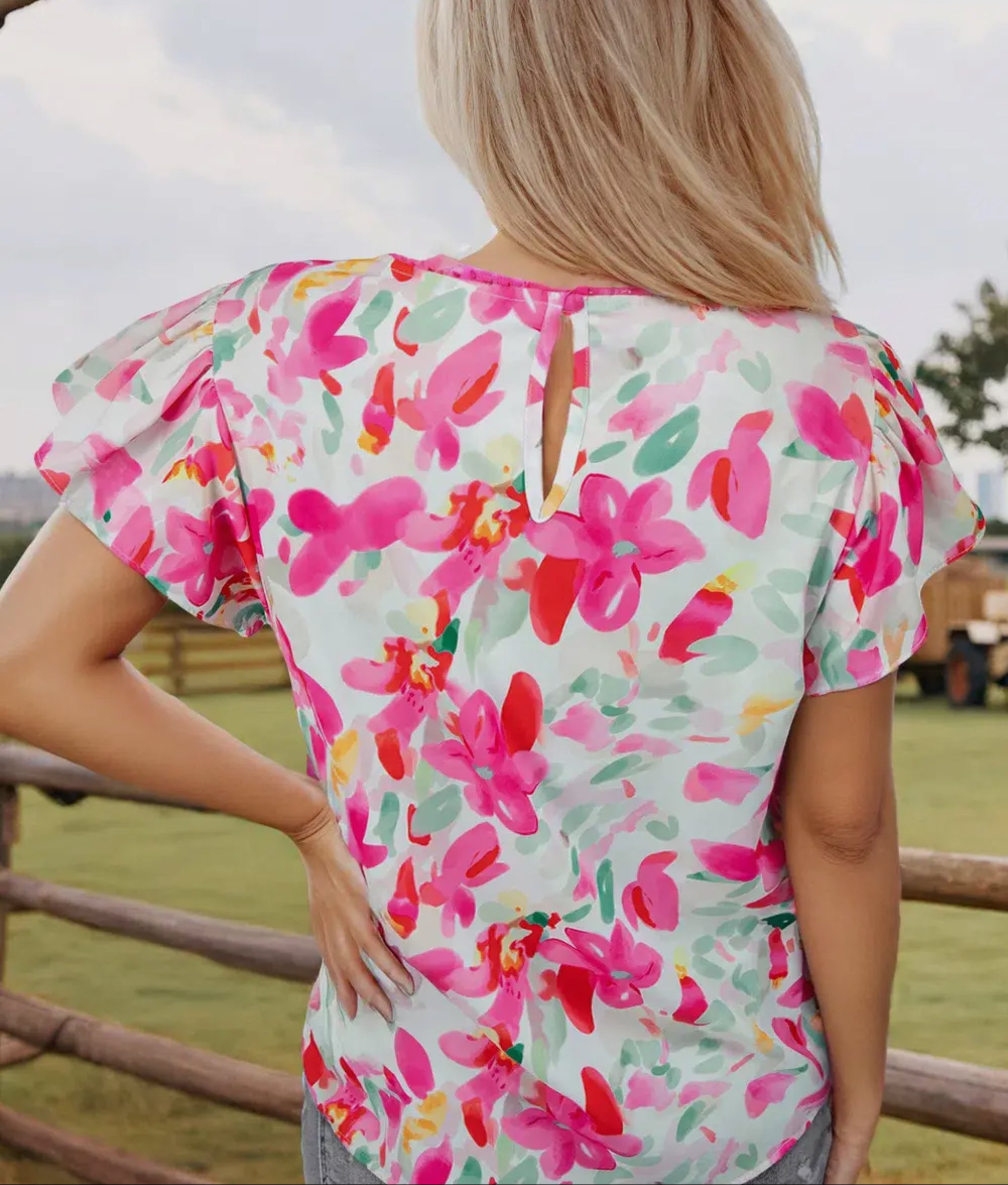 Floral Flutter Sleeve, Round Neck Blouse, Pink