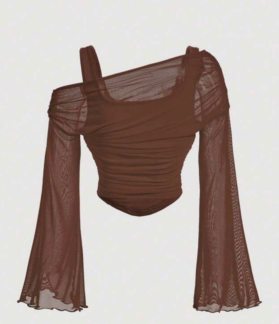 Asymmetrical Shoulder Mesh Trumpet Sleeve Top