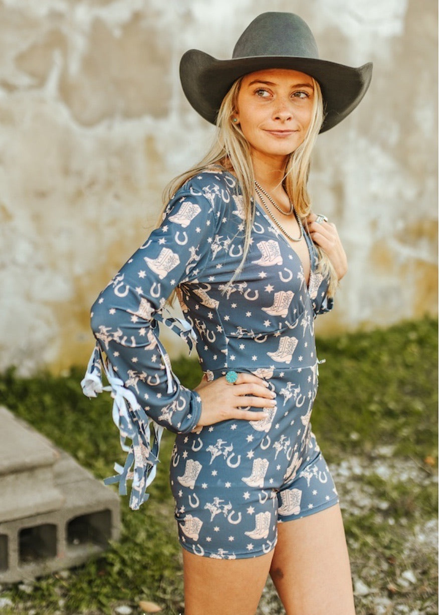 Grey Boot Western Printed Fringe Romper