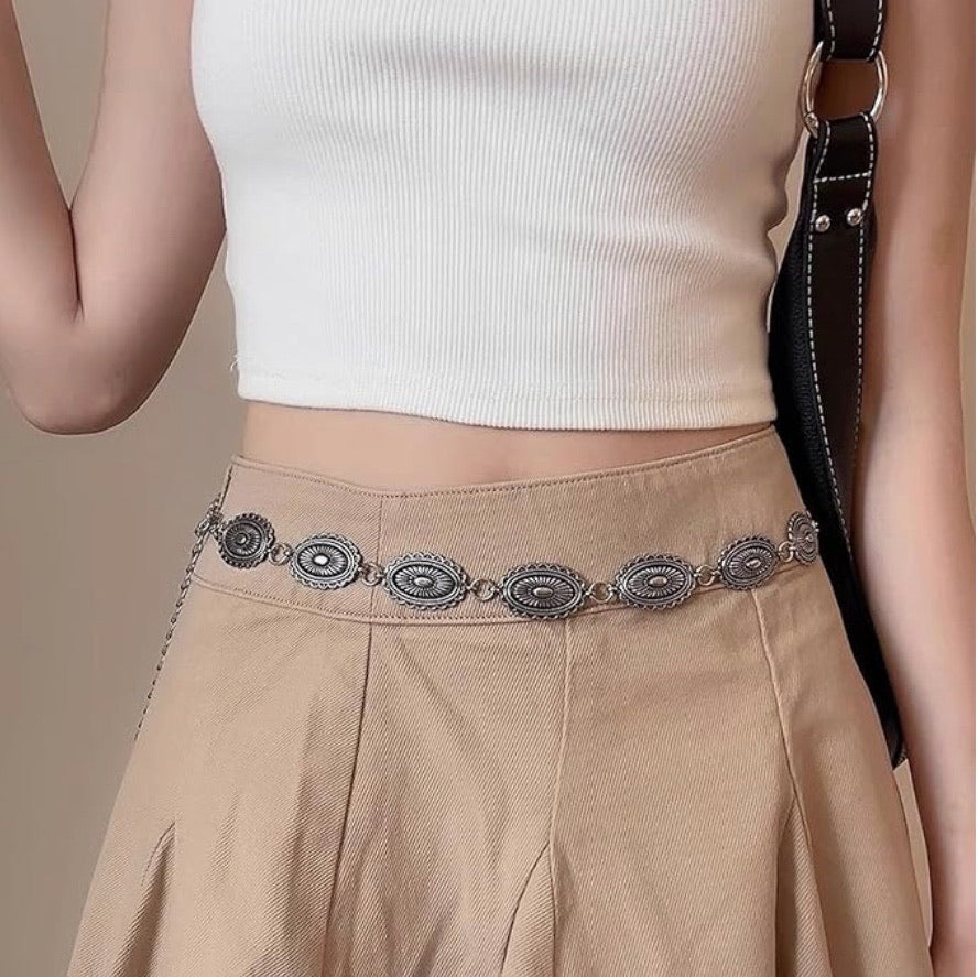Bohemian Oval Mini Concho Metal Chain Belt