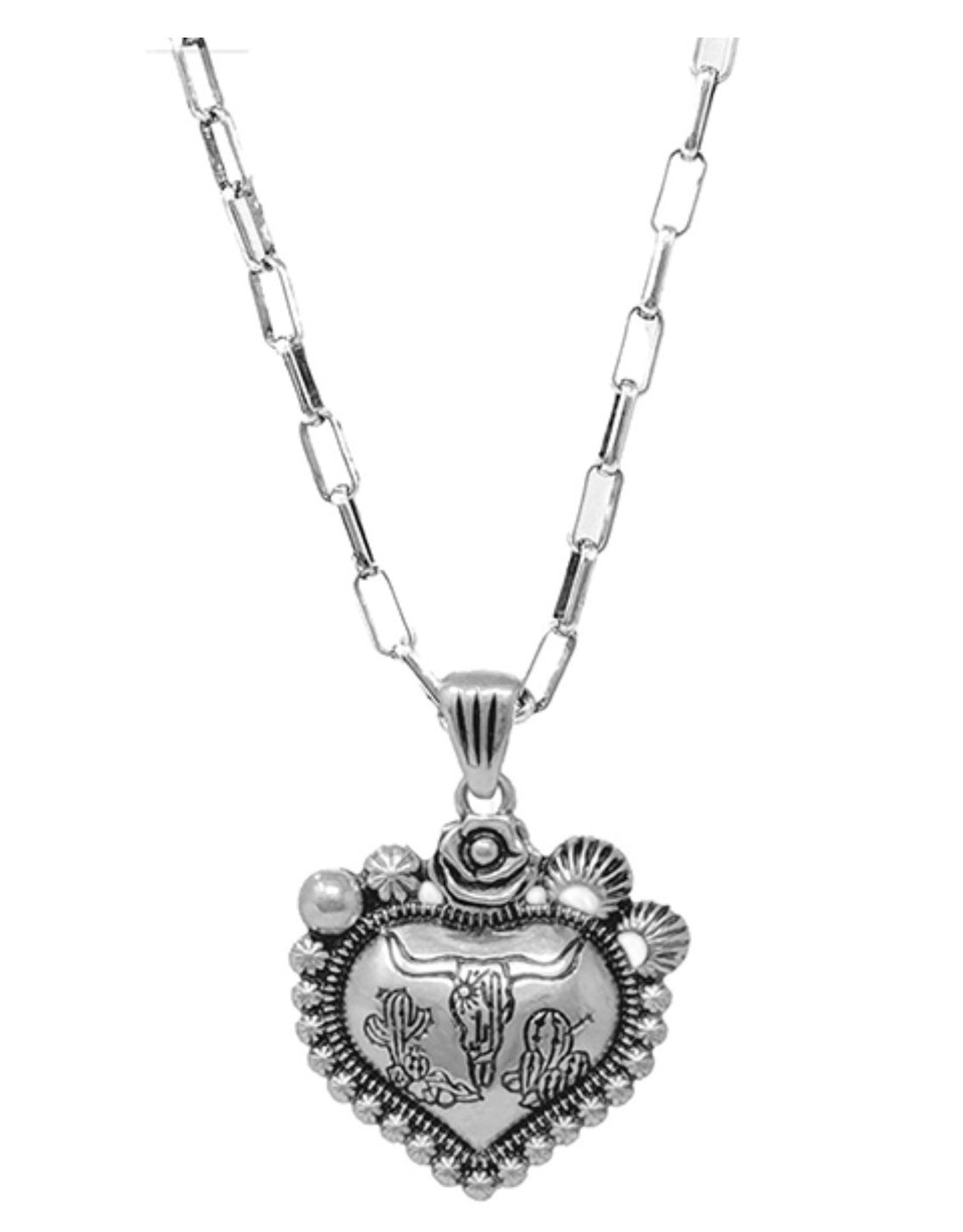 Burnished Silver Heart Steer Heart Cactus Necklace