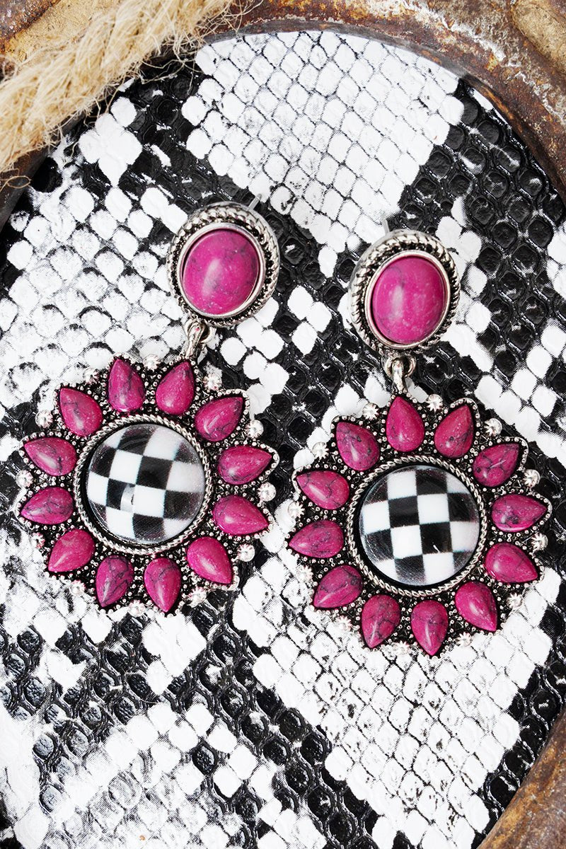 FUCHSIA CANYON CHECK SILVERTONE EARRINGS