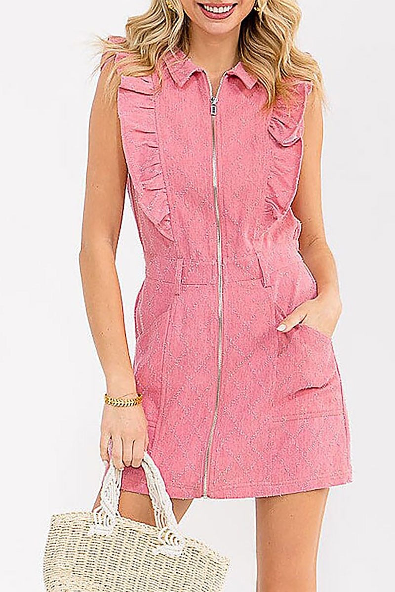 Front Pocket Zip Up Swiss Detail Pink Denim Skirt