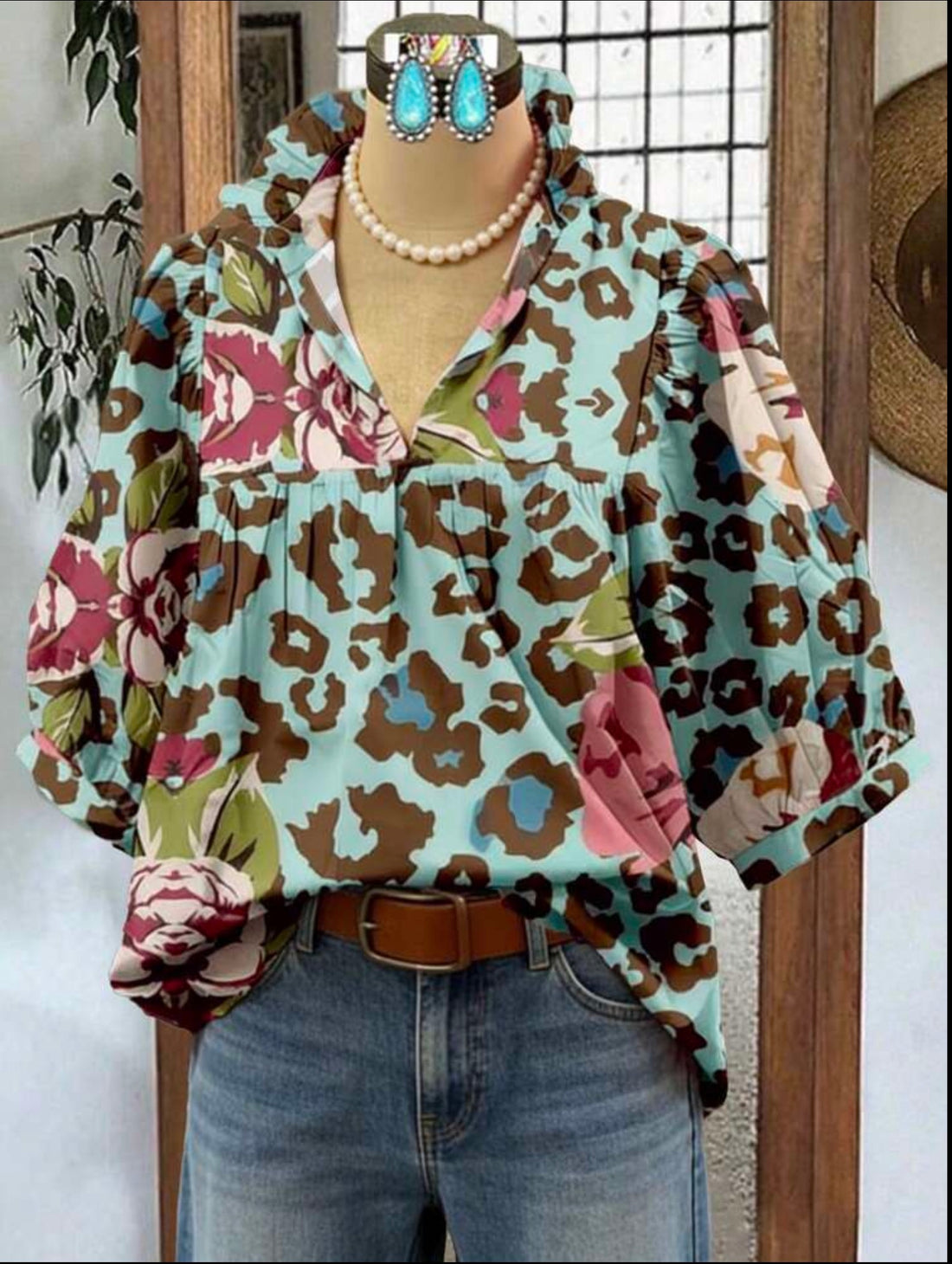 Vintage Style Mandarin Collar Ruffle Cap Sleeve Floral and Leopard Print Top