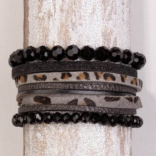 Magnetic Close Bead and Leather Stacked Bracelet